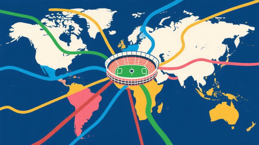 世界杯预选赛地图概念：不同大洲通往同一座球场的路线